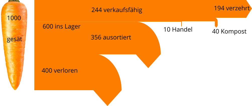 1000 gest 600 ins Lager 400 verloren 244 verkaufsfhig 356 ausortiert 10 Handel 40 Kompost 194 verzehrt